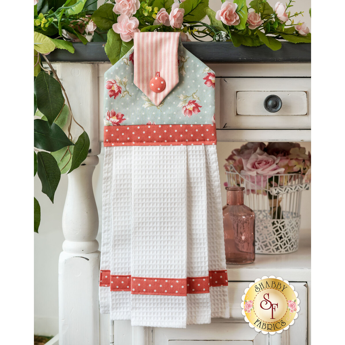 Pink Blooms on Aqua Crochet Kitchen Towel
