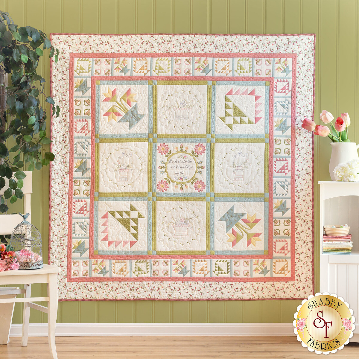 Flowers and vines on double faced light green Quilted floral Fabric to Sew
