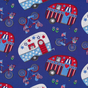 My Happy Place 6038-78 Multi Tossed Campers and Bikes by Sharla Fults for Studio E Fabrics