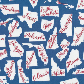 One Nation 115-70 Blue Tossed States by Jessica Mundo for Henry Glass Fabrics