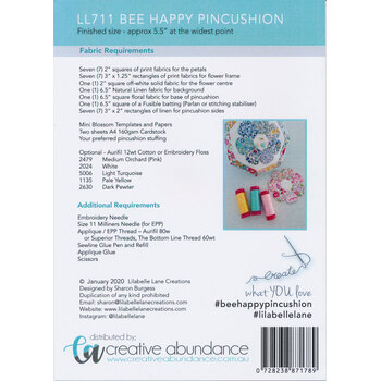 Bee Happy Pincushion Pattern - Includes Papers + 2 Acrylic Templates