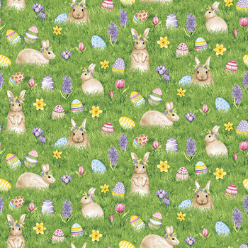 Hoppy Hunting 1066-66 Bunnies and Eggs on Grass by Kitten Studio for Henry Glass Fabrics