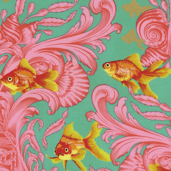 Flannel Fish Tiny Goldfish Flowers on Pink Kids Cotton Flannel