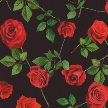 True Romance 14517-12 Single Red Roses Black by Kanvas Studio for Benartex