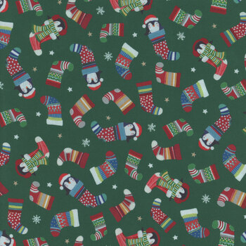 Winter Waddles WWAD5427-DG Penguins Green by Sally Darby for P&B Textiles