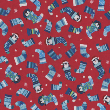 Winter Waddles WWAD5427-R Penguins Red by Sally Darby for P&B Textiles