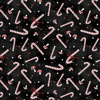 Our Gnome to Yours 56084-913 Candy Canes & Mushrooms Black by Lorilynn Simms for Wilmington Prints