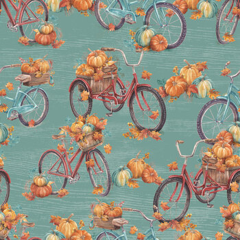 Pumpkin Please 3WI22207-TRQ Fall Bikes by Courtney Morgenstern for 3 Wishes Fabrics