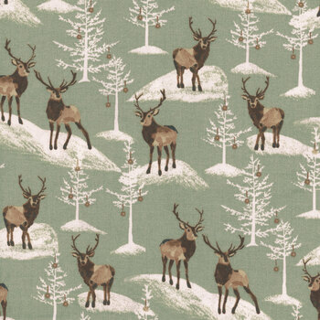 Christmas in the Country 22285 Sage Reindeer Forest by Elaine Kay for 3 Wishes Fabrics