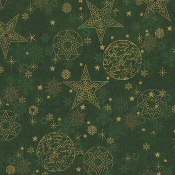 Stof Christmas - We Love Christmas 4591-800 Green/Gold Snow Crystal by Stof Fabrics