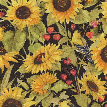 Sunflower Splendor 83327-957 Sunflowers & Birds All Over Black by Susan Winget for Wilmington Prints