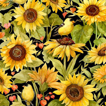 Sunflower Splendor 83327-957 Sunflowers & Birds All Over Black by Susan Winget for Wilmington Prints