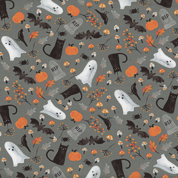 Haunted House BOO-CD2932 GREY Tossed Halloween Floral from Timeless Treasures Fabrics