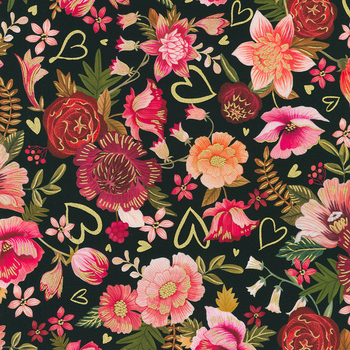 Hearts In Bloom 22871-2 Black by Victoria Nelson from Robert Kaufman Fabrics