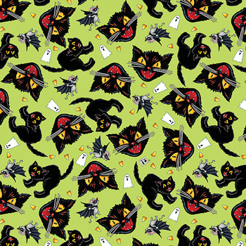 Spooky Cute Halloween PWMY004.LIME Cat and Mouse by Mary Engelbreit for FreeSpirit Fabrics