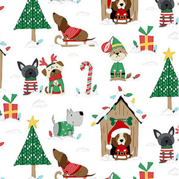 Merry Woof-Mas 8352-06 White by Sweet Cee Creative for Studio E Fabrics