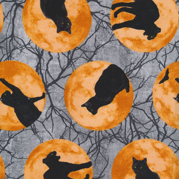 Black Halloween Cats on Orange Quilting Fabric by Yard  #963 