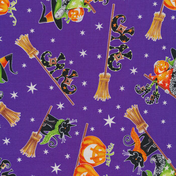 Here We Glow 9536G-53 Purple Flying Witches by Henry Glass Fabrics