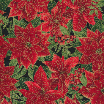 Holiday Spice CM8516-Black Packed Metallic Poinsettias With Leaves by Timeless Treasures