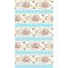 Full image repeat of a blue and cream striped fabric with swirls, scrolls, and elegant floral bundles