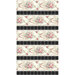 Full image repeat of a black and cream striped fabric with swirls, scrolls, and elegant floral bundles