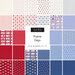 A collage of fabric swatches featuring various patterns and colors, predominantly in red, white, and blue. In the center, a decorative label reads Prairie Days. The patterns include stripes, polka dots, and floral designs.