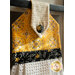 A close up of the beautiful fabric covered button in the Bee Grateful Hanging Towel