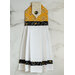 A yellow, white and black Hanging Towel laid flat on a white marbled background