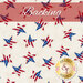 A swatch of cream fabric with red, white, and blue stars all over. A red banner at the top reads 