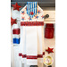 Patriotic red, white, and blue hanging towel hung from a cabinet