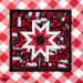 The black and red Peace, Love & BBQ Folded Star Squared Hot Pad on a red checkered picnic table