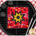 The red and yellow Peace, Love & BBQ Folded Star Squared Hot Pad laid flat on a BBQ grill