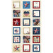 A patriotic sewing panel featuring 18 different blocks each with patriotic themes all on a cream background