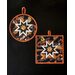Halloween themed hot pads with central folded star design with black fabric featuring phrases, Jack-o-lanterns, and witches.
