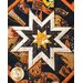 Halloween themed square hot pad with central folded star design with black fabric featuring phrases, Jack-o-lanterns, and witches.