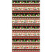 Border stripe fabric with black and tan alternating stripes with gnomes, bears, reindeer, and christmas trees