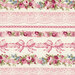 Elegant fabric with pink floral bunches, pink bows and lace stripes on a cream background