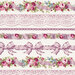 Elegant fabric with pink floral bunches, purple bows and lace stripes on a cream background