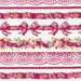 Elegant fabric with pink floral bunches, dark pink bows and lace stripes on a cream background