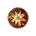 Round hot pad with autumn leaf motifs and central folded star design made with burgundy fabrics sitting on wood table.