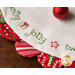 White Scalloped Table Topper with red and green scallops featuring Christmas themed embroidery of the word 