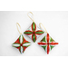 Three Christmas tree ornaments, sewn with holiday themed fabrics.
