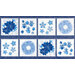 Christmas themed panel featuring blocks of ornaments, wreaths, poinsettias, and stars in blue.