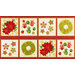 Christmas themed panel featuring blocks of ornaments, wreaths, poinsettias, and stars on cream.