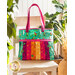 Tote bag made from strips of green, orange, and magenta fabrics featuring jungle animals.