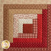 Wall hanging square made up of strips of red and cream floral and geometric fabric prints.