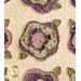 Cream quilt with flowers made of layered purple and green fabric.