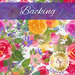 Multicolored watercolor florals on white labeled as backing.