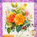 Quilt block featuring multicolored watercolor florals on white with purple borders.
