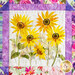 Quilt block featuring multicolored watercolor florals on white with purple borders.